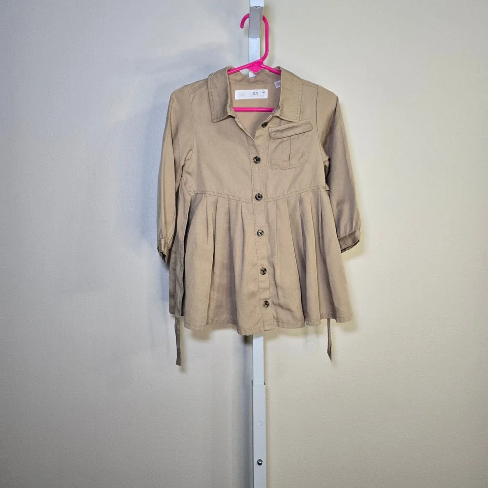 Zara Kids Girls Tan Utility Button Front‎ Dress Size 12-18 Months